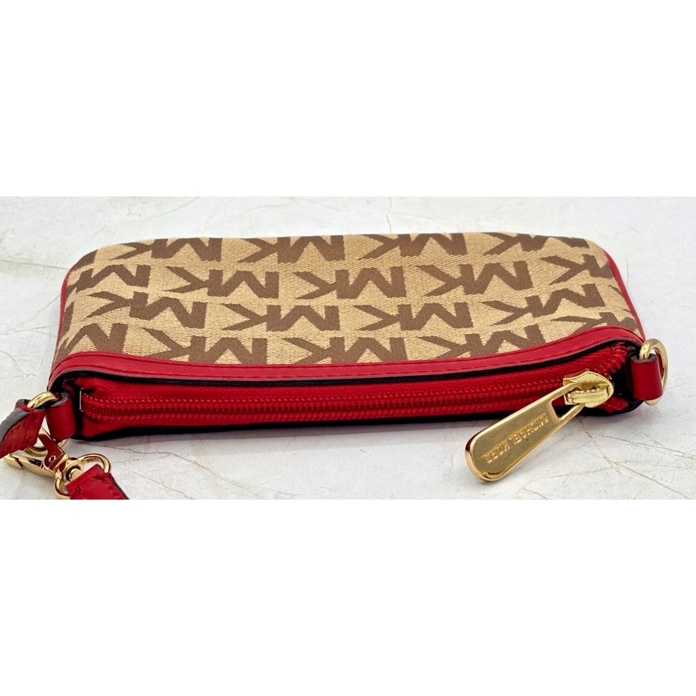 Michael Kors Jacquard Monagram Wristlet Mini Bag Red Leather Signature Lining - Picture 4 of 16